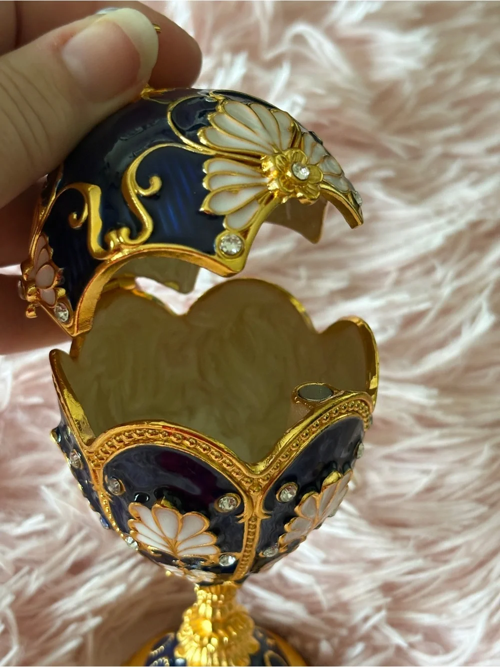 Decorative Egg Trinket Box in Deep Blue, Pink, and Gold